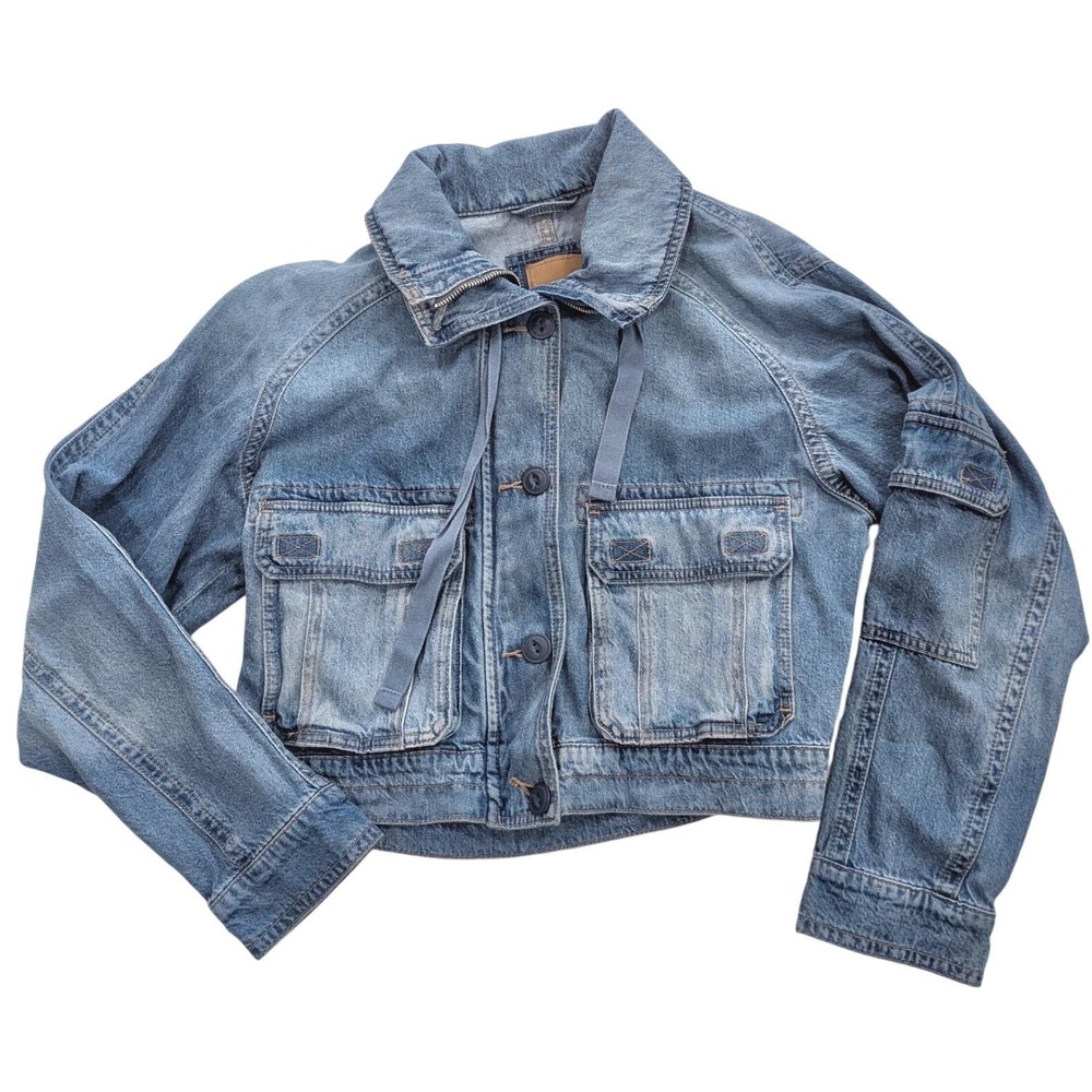 AEO American Eagle XS Dreamy Drape Blue Denim Cropped Utility Cargo Jeans Jacket - Picture 2 of 8
